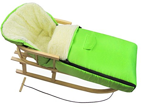 Kombierbjudande träsläde med ryggstöd och dragrep + universell vinteråksäck (108 cm), även lämplig för babystol, barnvagn, buggy, lammull, uni (grön + släde)