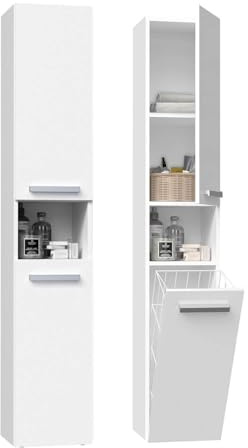 ADGO Badezimmerschrank mit wäschekorb - Hochschrank - Regal Weiß - Badezimmermöbel - Badezimmerregal - Aufbewahrungsschrank - Bad Hochschrank - Badezimmerschrank Hoch - Mehrzweckschrank