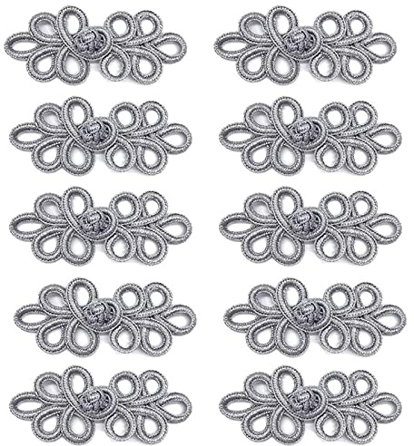 10 Paar Chinesische Knoten Frosch Knöpfe Verschluss Nähverschlüsse zum Nähen von Pullover, Umhänge, Mäntel, Strickjacken Kostüme, Silber(5y)