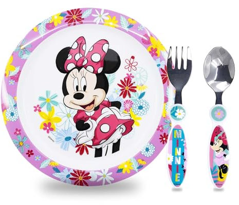 Sorrisini Vajilla Infantil Reutilizable Apta Para Microondas Para Niños Minnie Mouse, Juego de Desayuno para la Primera Comida Cubiertos, Tenedor, Cuchara de Acero Inoxidable y Plato, sin BPA