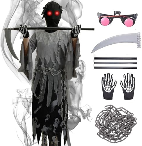 Kitimi Déguisement Faucheuse Enfant, Costume Faucheuse avec Des Gants Ceinture Rouge Lunettes Faucille Chaîne Costume d'Halloween pour Enfants Halloween Carnaval(garçon M)