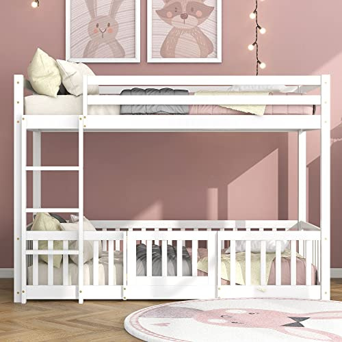 Moimhear Litera infantil con escalera en ángulo recto, cama de madera con rejilla y puerta, con protección contra caídas y barandilla de seguridad, cama con marco de madera maciza, blanco (200 x 90