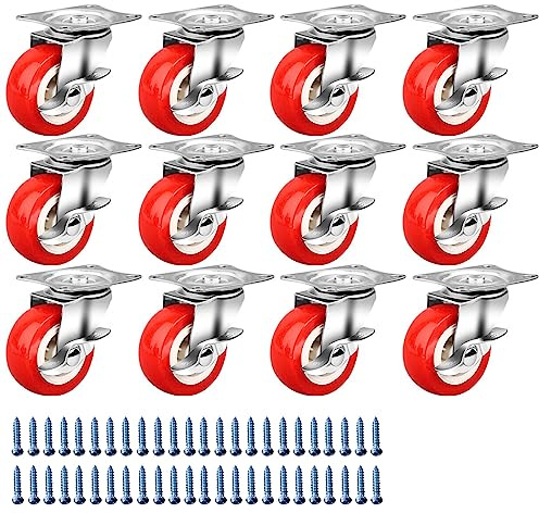 1.5 Inch Caster Wheels, Heavy Duty Casters Wheels with Brake Swivel Casters with Polyvinyl Chloride (PVC) Wheels, Locking Casters Red (12 Pack)