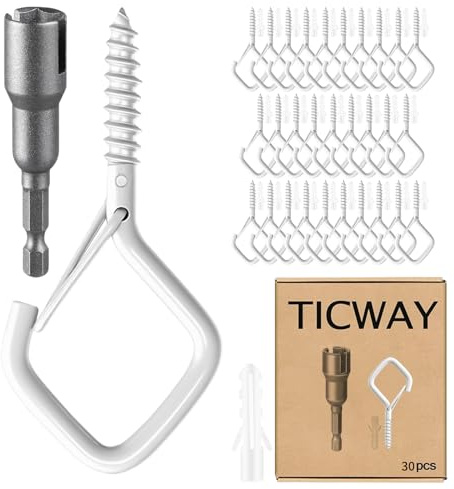 Ticway 30 Pcs Outdoor Hooks for String Lights,Screw Hooks for Hanging Plants,Ceiling Hooks with Safety Buckle,Square Hanger for Wind Chimes,Bird Feeder,Lanterns,Christmas Decorations (White)