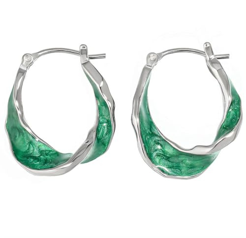 NicoWerk Damen Silber Ohrringe grün aus 925 Sterling Silber Gedreht Glänzend Glatt Breit Ausgefallen Asymmetrisch SOR462