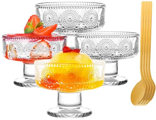 Quyimy Dessert Glasses Cups Set of 4, Elegant Stemmed Glass Dessert Dishes Ice Cream Bowls with Gold Spoon, Vintage Cocktail Footed Ribbed Glass, Fruit Parfait Cups for Sundae, 7.5oz
