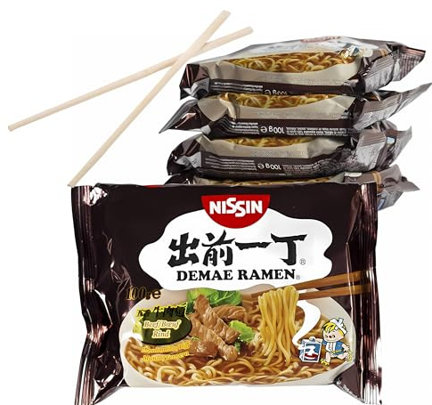 Nissin Ramen Noodles Instantáneos, Sabor Ternera - [5 x 100g] + Palillos Chinos - Fácil Preparación, Auténticos Noodles Japoneses - Pack Laborawi