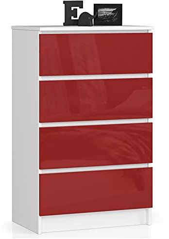 Home Collective Kommode in rot Hochglanz mit 4 geräumigen Schubladen, 60 cm breit, 99 cm hoch Kommode Schlafzimmer Flur Wohnzimmer Organizer mit Schubladen Holz Highboard Sideboard Schrank