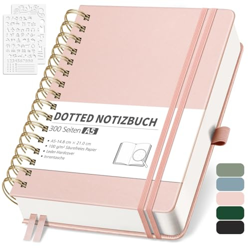 RETTACY Notizbuch A5 Dotted, Bullet Dot Journal mit 100 g/m² Dickem Papier, 150 Blatt, Notebook für Büro und Schule, Lederhülle, Roségold, 14.8 cm x 21 cm