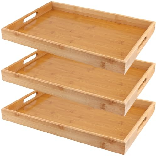MUKSUET 3 Pack Bamboo Serving Trays with Handles, 40 x 29 x 4cm Portable Rectangle Tray Platters, Large Bamboo Wooden Serving Trays for Dinner Breakfast, Food Tray for Coffee, Snack, Tea