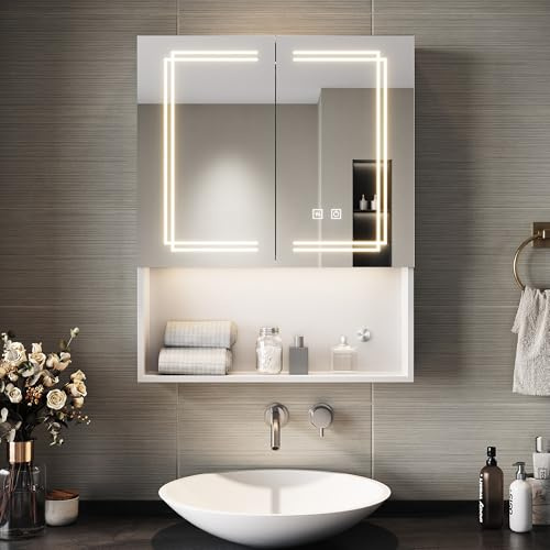 SIRHONA Armoire de Toilette Miroir, Armoire Murale avec Éclairage LED et Prises de Courant, Interrupteurs à Commande Tactile, Dimmable,avec Rangement et Étagères en Verre Réglables, 60 x 75 x 13cm