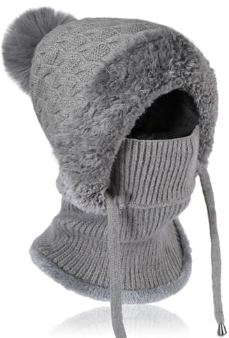 AYPOW Winter Mütze Damen mit Schal Gesichtsmaske, Thermo Strickmütze Balaclava mit Warme Fleecefutter Pompon, Weiches Dicke Beanie WintermüTZE Kapuzenschal Skimütze Hut für Outdoor