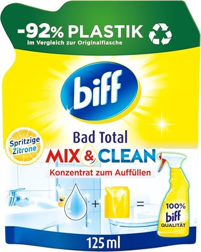 Biff Bad Total Mix & Clean Spritzige Zitrone Badreiniger (125 ml), Bad Reiniger gegen Kalk & Schmutz, Konzentrat zum Auffüllen mit 92% weniger Plastik, recycelbar (Packung mit 5)