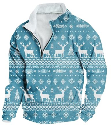 HAOLEI Mens Christmas Jumpers UK Clearance, Fleece Lined Quarter Zip Jumper Men Funny Xmas Sweatshirt Novelty Nordic Jumpers Print Pullover Sweater Fleece Plush Tops Plus Size S-5XL