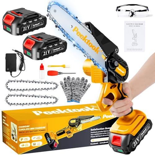 Mini tronçonneuse 6 pouces, tronçonneuse sans fil Peektook avec 2 batteries de grande capacité et 2 chaînes, tronçonneuse électrique à batterie légère, petite tronçonneuse (jaune 2000 + 2000 mAh)