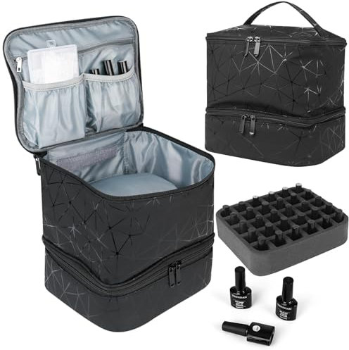 bssmmai Rangement Vernis a Ongle, Rangement Vernis Semi Permanent, Rangement Onglerie, Boite Rangement Vernis à Ongles pour 30 Flacons de Vernis à Ongles et 1 Lampe à Ongles LED（Noir）