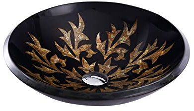 SGKOMN Lavandino da appoggio per Bagno Lavandino da appoggio in Vetro temperato Nero e Oro, Installazione da banco, lavabo da appoggio Rotondo per Bagno, lavabo Artistico con Scarico
