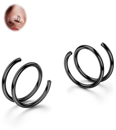 BodyBonita - 2 Aros Nasales Dobles de Acero Inoxidable 316L Suavizados para Piercings Individuales 20G Aros Nasales Flexibles con Espiral para Mujer Negro 8 mm