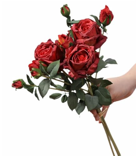 BESTORI 3 Stück Künstliche Rosen Seidenblumen Realistisch Blumen Bouquet für Home Party Hochzeitsstrauß Garten Dekoration Rot