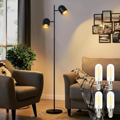 Kowanie Stehlampe Vintage Wohnzimmer Stehleuchte: Industrial Standleuchte 2 | Flammig in Schwarz Gold Standlampe aus Metall E14 Schwenkbar inkl. 4 × 4W 2700K Leuchtmittel Leselampe für Schlafzimmer