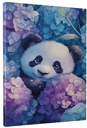 Carino tela floreale panda da da parete, stampa ortensia blu e viola, adorabile decorazione naturale per soggiorno, camera da letto, senza cornice, 12 x 16 pollici