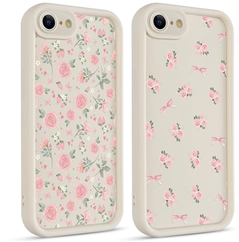 Coiwxmoi 2 Stück Handyhülle für iPhone 8/7/SE 2020/SE 2022 Hülle, Aesthetic Blumen Flower Muster Design Mädchen Frauen Schutzhülle, Silikon Cover Valentin Valentinstag Case für iPhone SE 4,7, Rosa