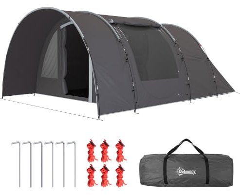 Outsunny Tente de Camping avec Porche pour 4 à 6 Personnes, Tente Tunnel familiale légère ventilée étanche 5 000 mm Montage Facile, Sac de Transport et Tapis Inclus, pour randonnée Trekking, Gris