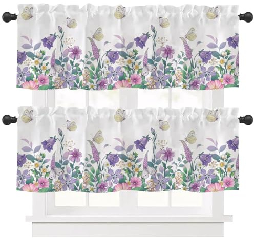 Ausing 2 Stück Moderner Floraler Vorhang Tiers Kurzer Flächenvorhang mit Blumen Schmetterling Prints Halbtransparent Cafe Bistro Vorhang, Lila
