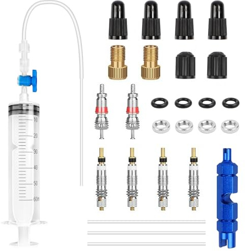 Feirdhoo Fahrrad Tubeless Dichtmittel Spritze - 60ml Reifendichtmittel Spritze, 29 Stück Sealant Injector Set für MTB und Rennrad, Inkl, Ventilkernentferner und Ventilkern Adapter - Notfallzubehör