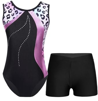 Hansber Barn Flickor Gymnastik Leotard Ärmlös Biketard Med Sportshorts Set Tumbling Ballet Unitard Danskläder Rosa leopard 9-10 år