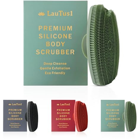 LauTus1 Silicone Body Scrubber - Gentle Exfoliating Shower Brush with Suction Handle & Hook, Soft Loofah Alternative for Men, Women, All Skin Types - Sage Green