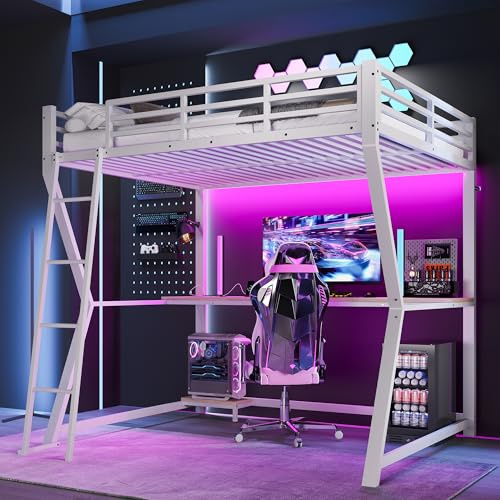 Hochbett mit Schreibtisch und Computerkonsolenablage 140x200 cm, Etagenbett Metallbett mit LED-Ambientelicht & USB und Steckdose, Funktionsbett Stockbett Spielbett Jugendhochbett, Weiß, Ohne Matratze