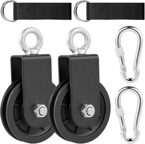 JITIFAZH 90mm Pulley System with Hanging Strap Carabiner, Gym Cable Pulley System, for DIY Home LAT Pulldown, Gym Equipment and Lift Cable Machine, Load 150 kg (2Sets-Black)