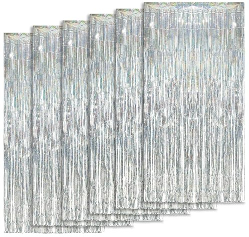 6PCS Metall Lametta Vorhänge (1 x 2 m), Glitzervorhang Lametta, Glitzer Party Vorhang, Dekoration aus Glitzerfolie für Hochzeitsfeier, Vorhänge mit Fransen, aus Aluminium, Silber