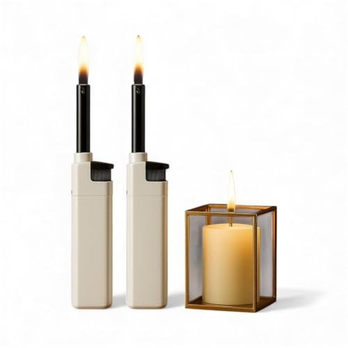 Refillable Candle Lighters – 2 Pack Long Nozzle Butane Gas Lighters for Candles, Kitchen, BBQ, Fireplace & Grill – Windproof Flame, Safe Ignition, Ergonomic Handle, Eco-Friendly Reusable Design,White