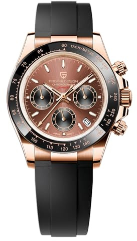 PAGRNE DESIGN Men's Watch Sapphire Crystal Chronograph Stainless Steel Waterproof Luminous Watch Japanese Movement Men's Quartz Watch（Golden Coffee Brown）