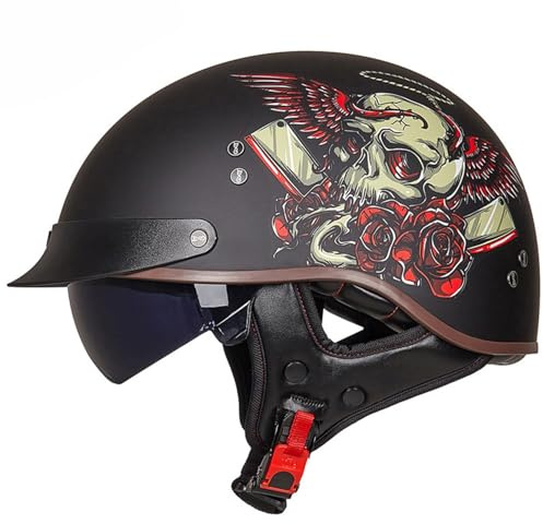 Caschi Cromwell Moto Retrò Mezzo Casco Scodella Per Adulti Uomini Donne Caschi Jet E Demi-Jet Approvato DOTECE Con Visiera Aperto Casco Moto Con Fibbia A Sgancio Rapido M,M:57-58CM
