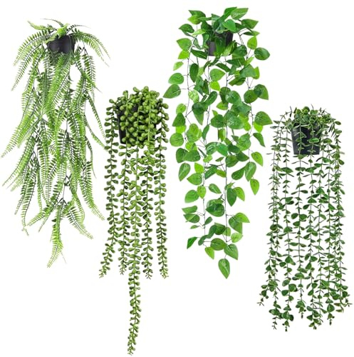 Yixinhe Artificial Hanging Plant, 4 Pack Fake Plants with Black Pots, Fake Ivy Potted Plant, Hanging Artificial Plants Indoor for Home Decor, Garden, Wall Indoor (Color-2)