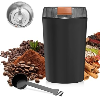 Moulin à café, moulin à café électrique 80 g, moteur 350 W pour grains et épices, moulin épais et fin, design de sécurité à une touche, meuleuse électrique portable avec brosse de