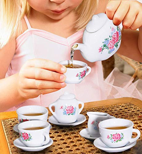 koolbitz Children Pretend Play Tea Set Teapot cups saucers Role Play Afternoon Tea Party Toys 23 Pieces Rose Flower Porcelain Ceramic Tea Set Pretend Kitchen Playset