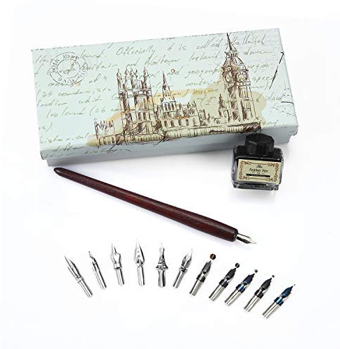 TANSHOP Wooden Dip Ink Calligraphy Pen Gift Set for Beginner Handmade Writing Quill Pen with Ink,11pcs Metal Nib