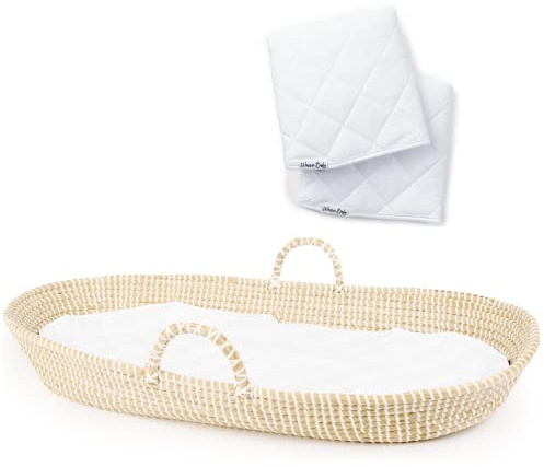 Baby Changing Basket - Handmade Moses Basket Changing Basket for Baby Table Topper - 2 Organic Cotton Washable Diaper Changing Pads CPSC Compliant