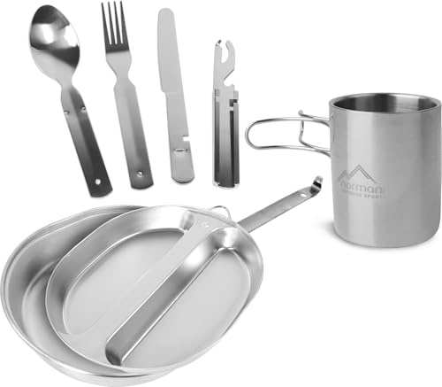 Outdoor Geschirrset bestehend aus US Kochgeschirr, Thermotasse mit klappbarem Henkel und 5-teiligem Besteck - praktisch und robust aus Edelstahl