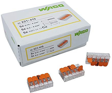 25 pezzi Wago Morsetto di collegamento 5 conduttori con leva di comando 0,2-4 qmm esecuzione piccola, trasparente