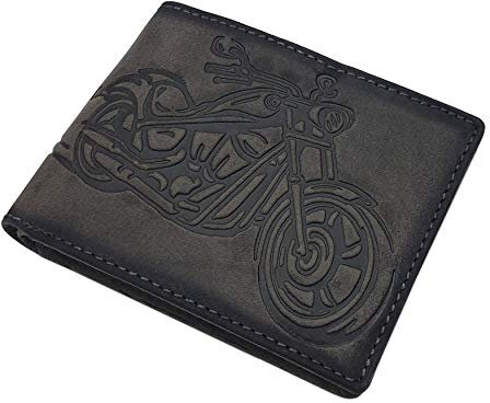 Echt Büffel-Vollleder Geldbörse / Geldbeutel / Portemonnaie / Portmonaise / Geldtasche / Portmonee in Querformat mit Motorrad-Motiv mit RFID & NFC Schutz in 2 Farben (Grau)