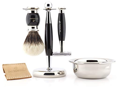 Jag Shaving Luxus-Rasierset für Herren, mit doppelseitigem Rasierhobel mit Ledertasche, schwarzer Silberspitze, Rasierpinsel, Ständer und Schüssel
