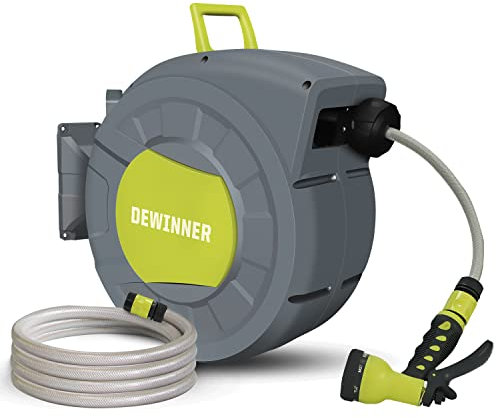 Carrete de Manguera de Jardín, DEWINNER Carrete Automático de Montaje en Pared con Boquilla de Pulverización, Soporte de Rebobinado Automático, Servicio Pesado, Manguera de 20+2M Riego Al Aire Libre