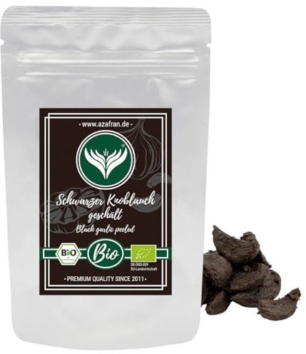 Azafran BIO Schwarzer Knoblauch fermentiert & geschält, Knoblauchzehen schwarz (fermented black garlic) aus Spanien 100g