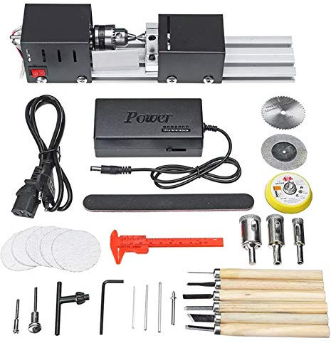 Mini Tour À Bois 100 W Usinage CNC Pour Le Travail Du Bois De Table, Outils De Bricolage Tours De Table Standard Set 7 Niveaux De Vitesse Avec Adaptateur Secteur (Noir)