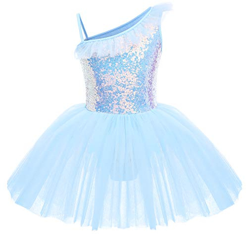 IWEMEK Little Big Girls Sequins Leotard Tutu Ballet Dress Sleeveless Ruffled One Shoulder Gymnastics One Piece Kids Dancewear Camisole Skirt Skating Ballerina Performance Costume Blue 9-10 Years